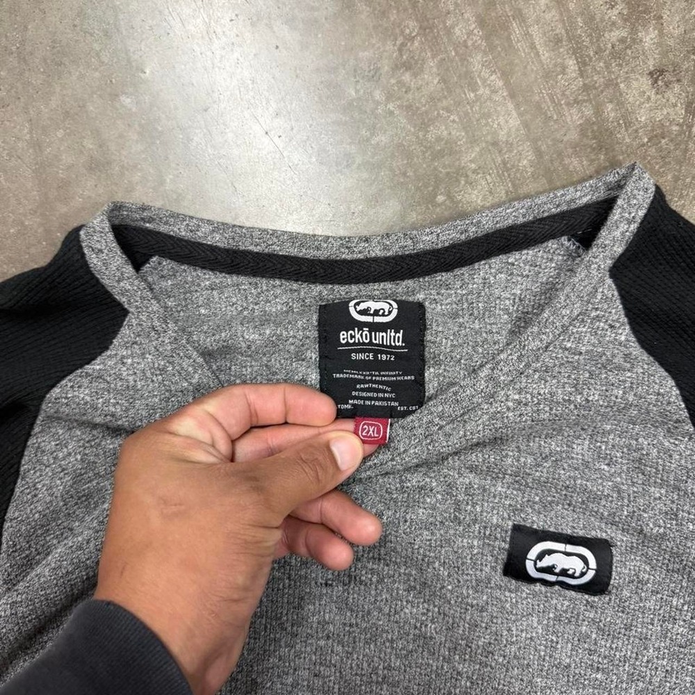Y2K ECKO UNLTD Gray & Black Grunge Waffle Knit Thermal Long Sleeve Fits XL - Picture 3 of 4
